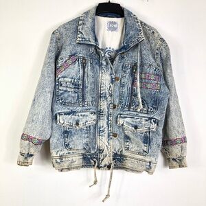 Current Seen Denim Jacket Mens Medium Southwestern Vintage Blue Full Zip *Stain